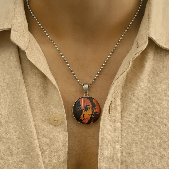 Urthn Glass Framed Orange Enamel Hanuman Locket Chain Pendant