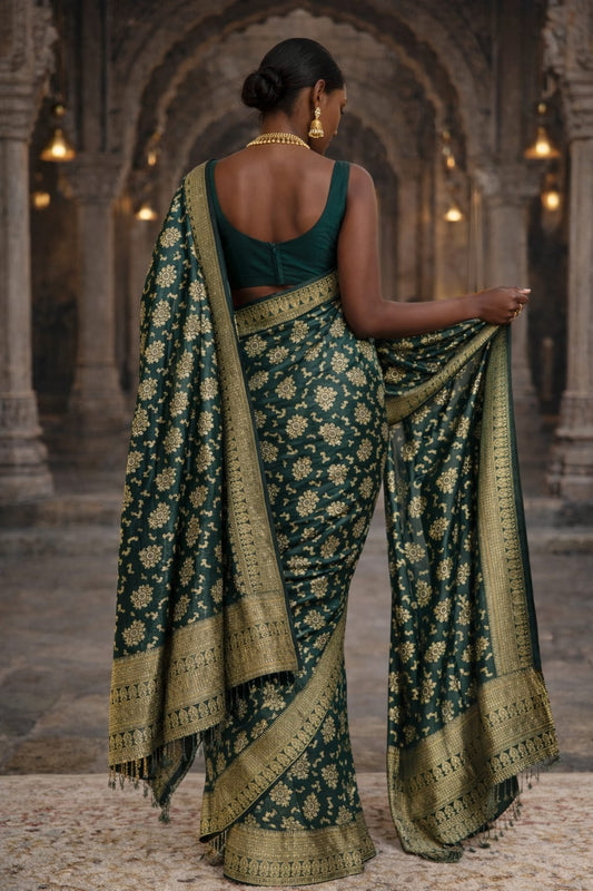 Soft Lichi Silk Saree – Dark Green Zari