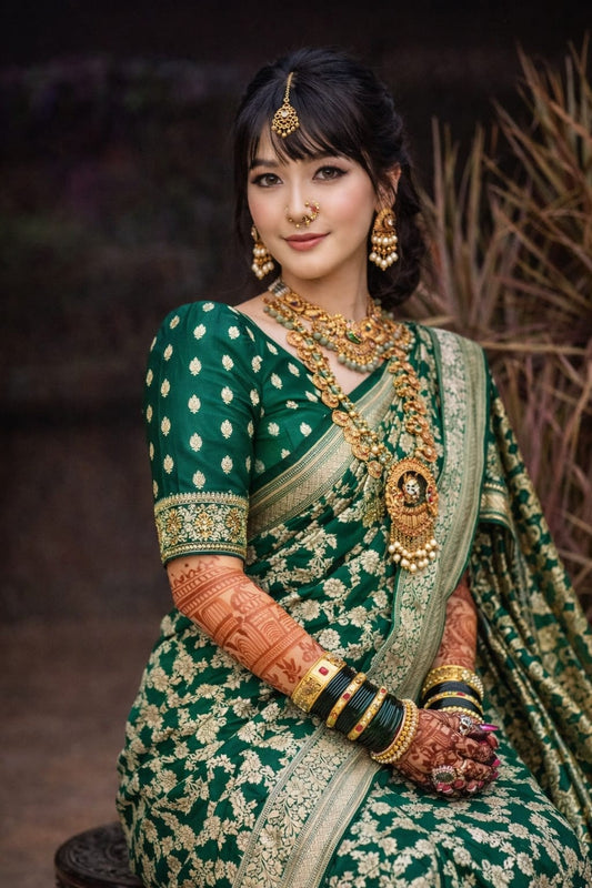 Green Soft Lichi Zari Saree