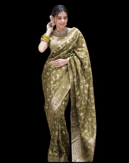 Olive Gold Lichi Jacquard Saree