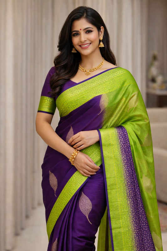 Soft Lichi Silk Saree – Purple Green Zari