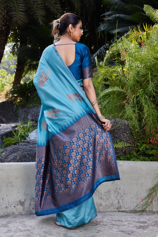 Sky Blue Soft Lichi Silk Saree with Royal Blue Jacquard Pallu