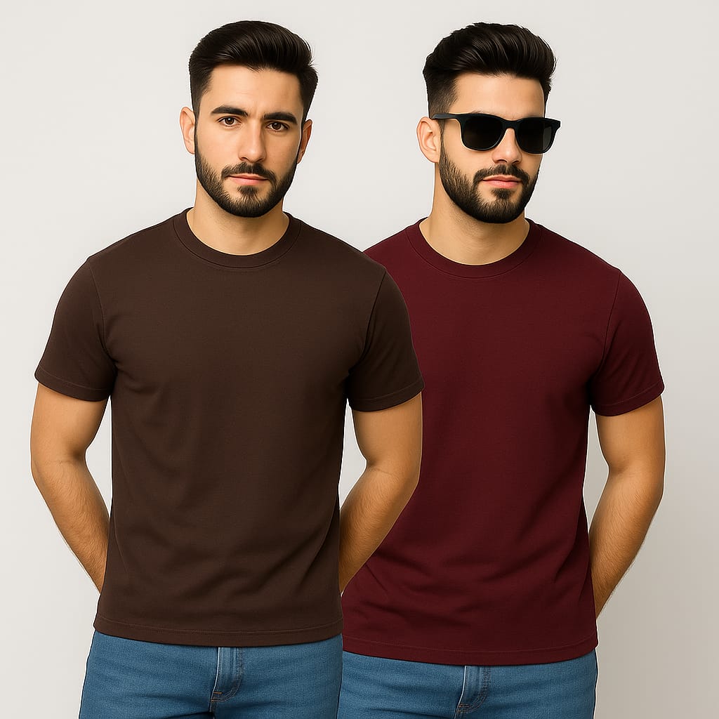 Gemini Premium Cotton T-Shirt Combo (Brown + Maroon) – Pack of 2