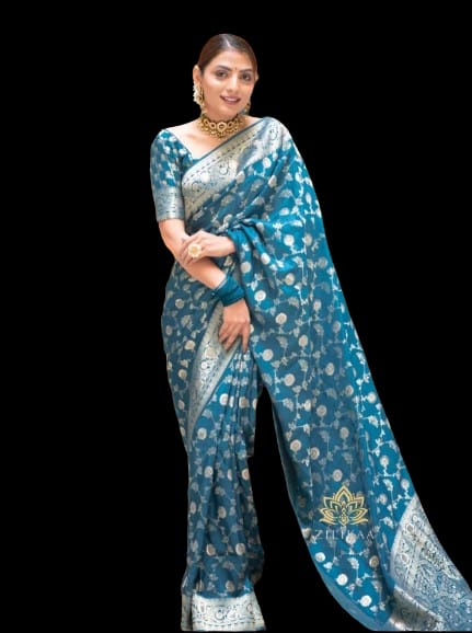 Teal Soft Lichi Jacquard Saree