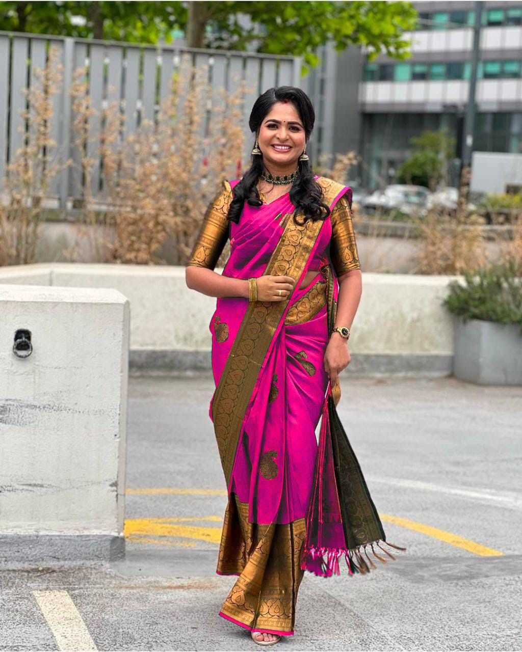 Soft Lichi Silk Rani Pink Premium Border Saree