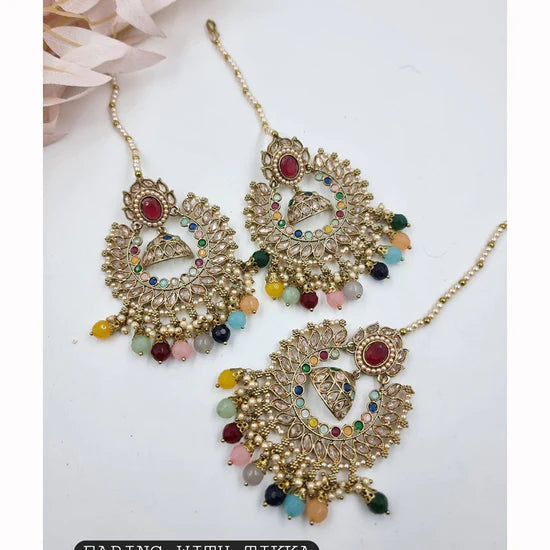 JCM Sparkling Crystal Pearl And Beaded Dangler Earrings With Maangtikka