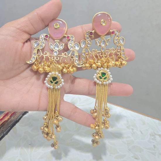 JCM Graceful Kundan Stone Pearl And Ghungroo Dangler Earrings