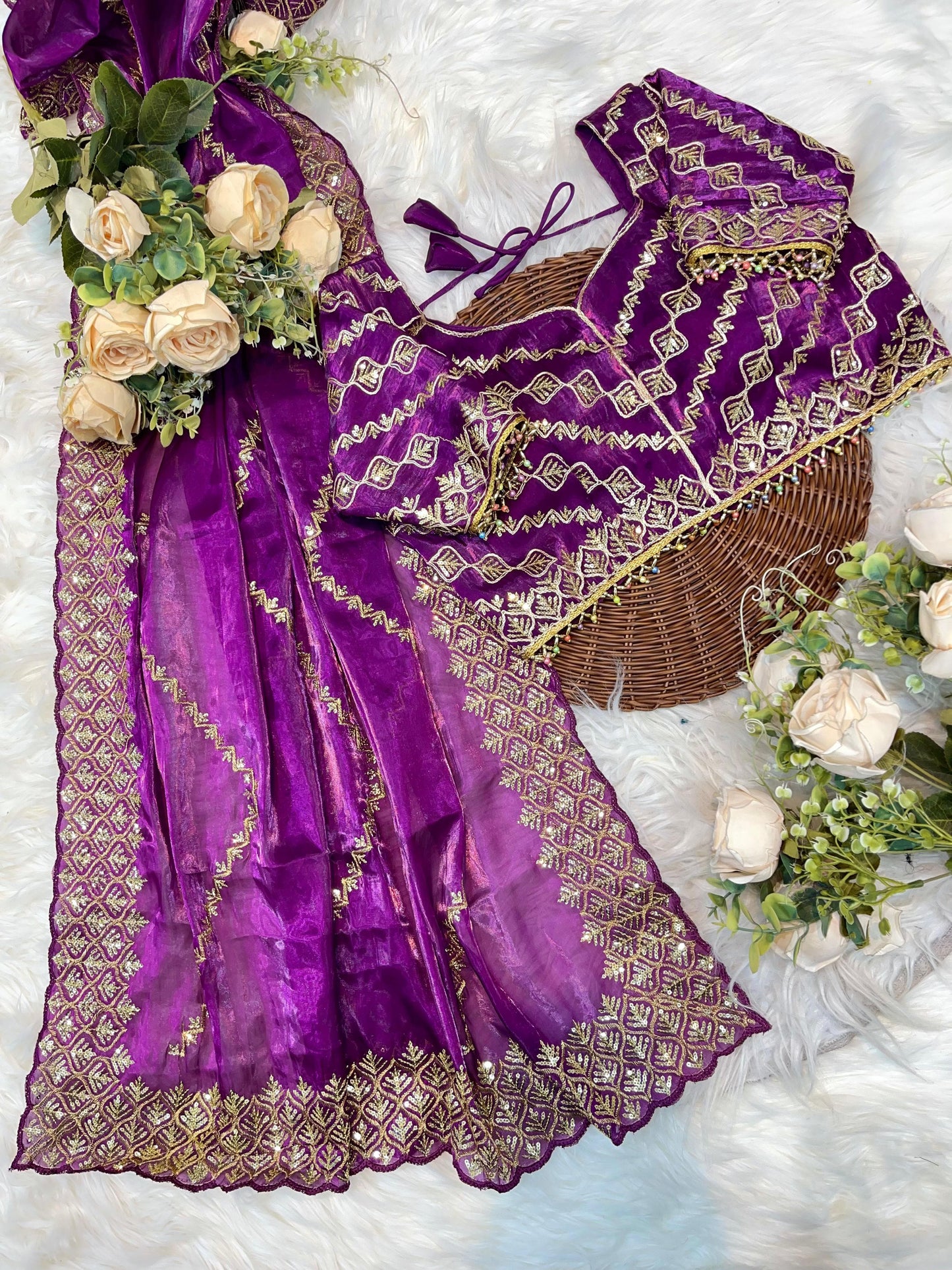 Shanaya Zimmy Choo Silk Saree With Heavy Embroidery Sequence Work & Blouse (Up to 42”)