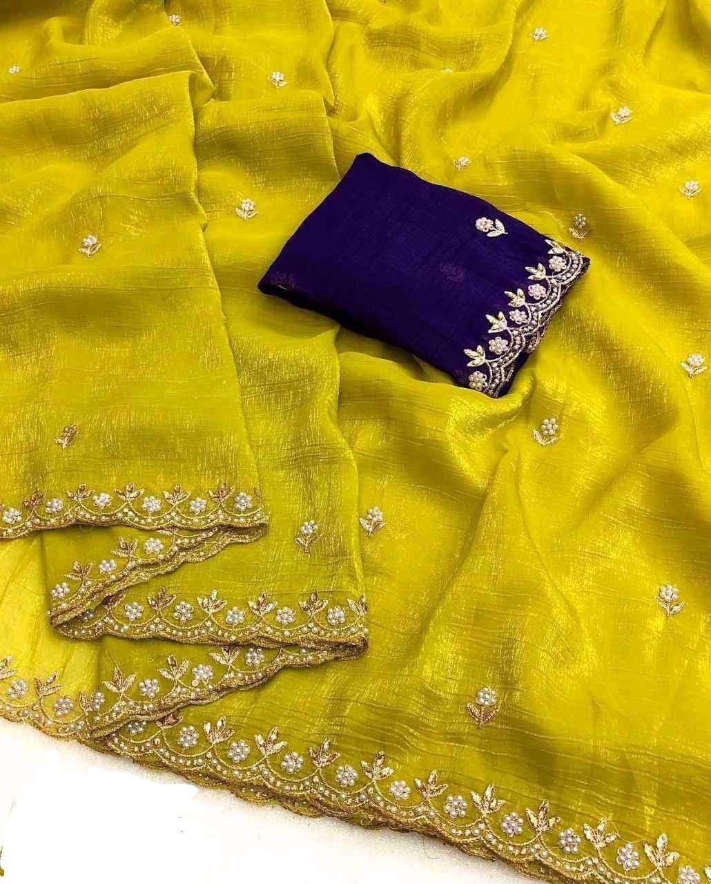 Moss Chiffon Saree with Zari Embroidery Handwork & Cut Work Border