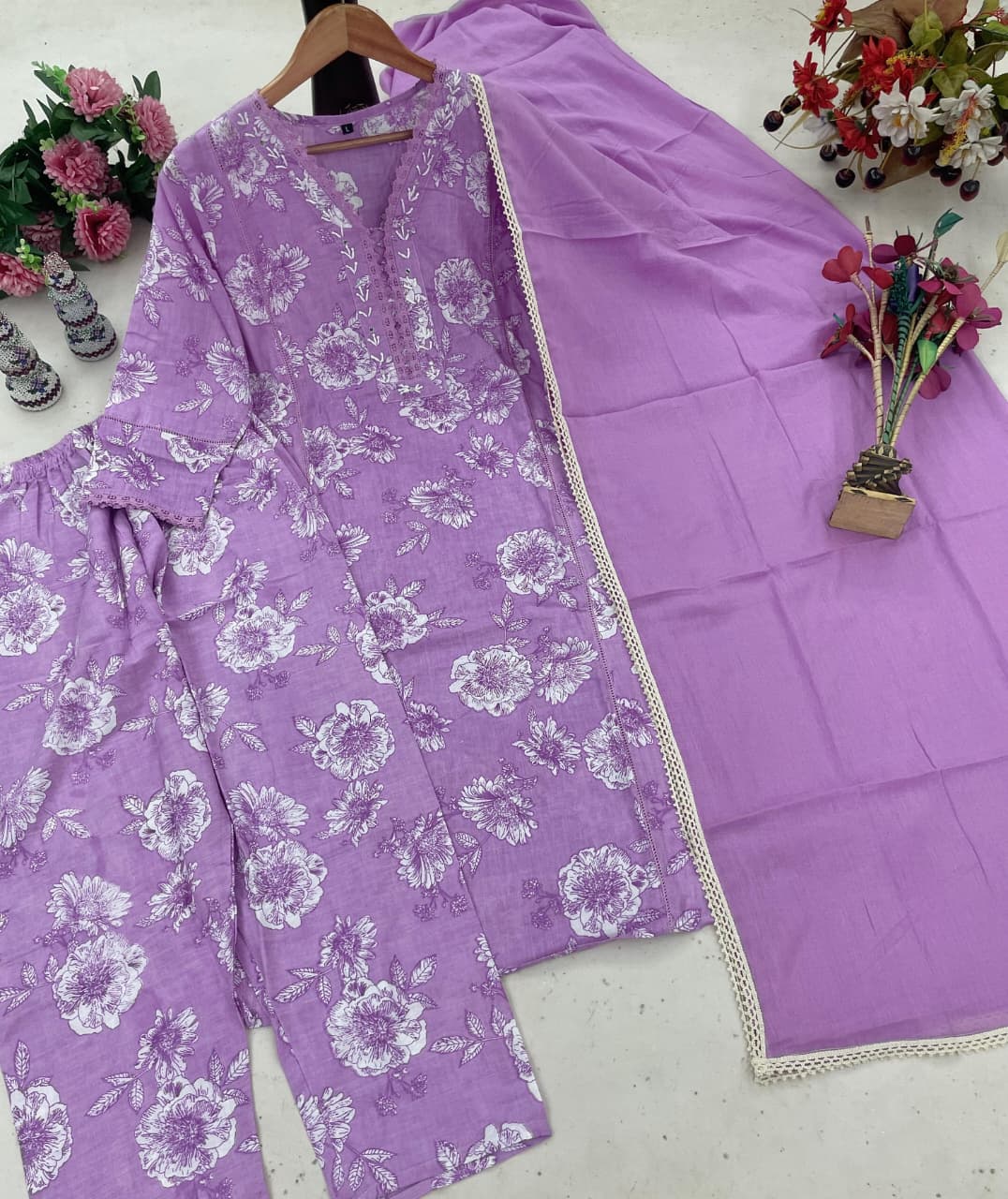 Premium Embroidered Cotton Kurti Pant Dupatta Set – Festival Wear Designer Suit for Women