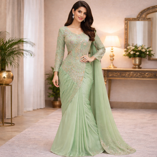 Heavy Embroidery Rangoli Silk Ready To Wear Saree With Designer Blouse