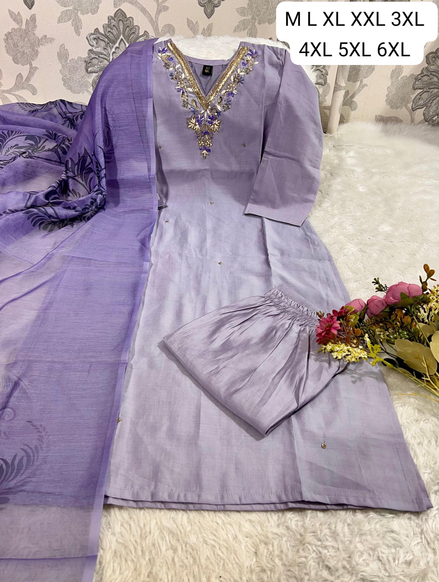 Premium Roman Silk Kurti Pant Dupatta Set with Hand Work