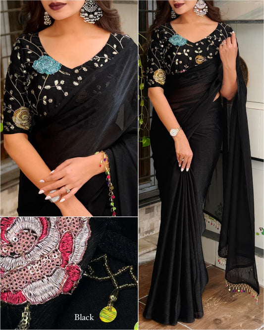 Genz Beauty Fandy Chiffon Saree with Heavy Sequins Embroidered Blouse