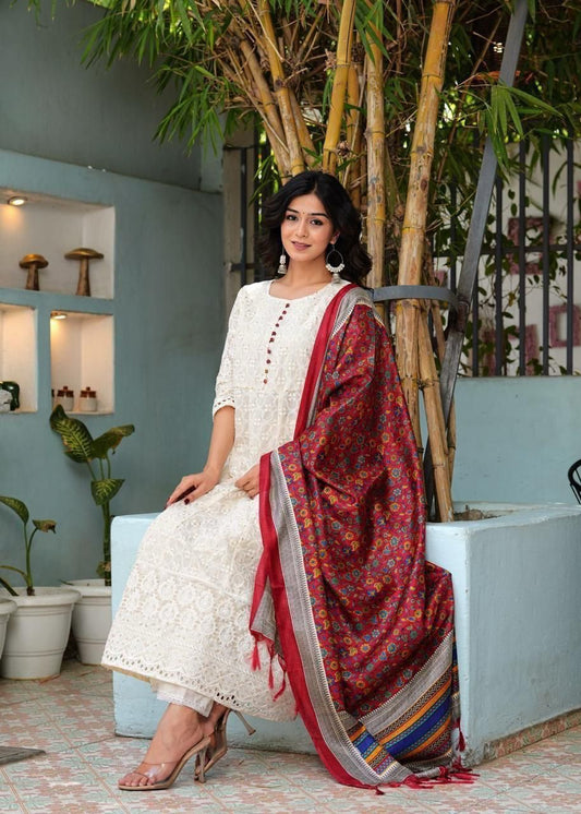 Pure Chikankari Cotton Anarkali Kurti Pant Dupatta Set – Summer Collection