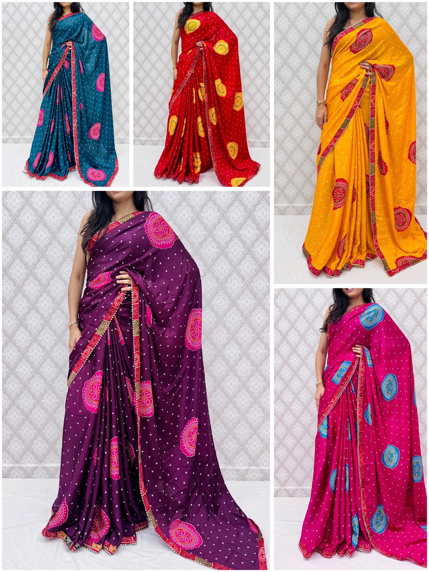 Chinon Bandhani Style Printed Saree with Designer Contrast Border (6.30 Mtr)