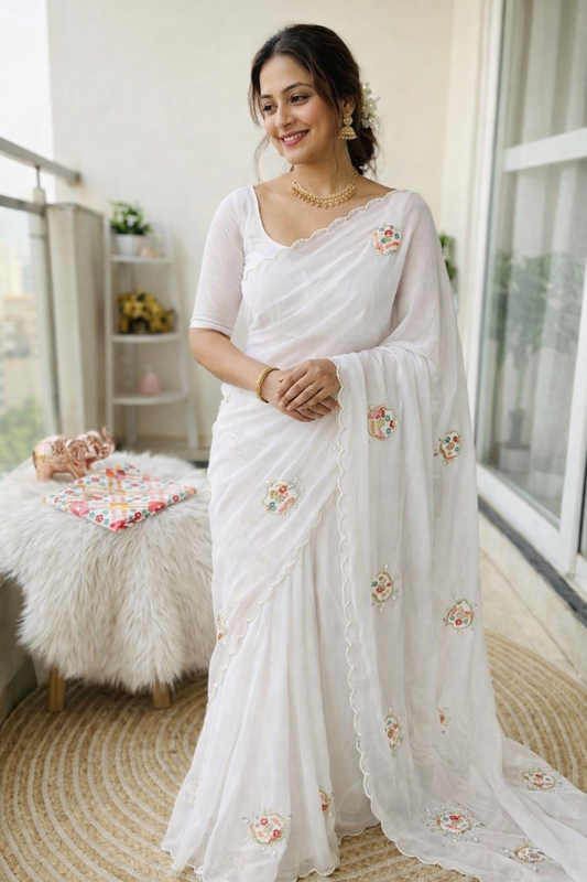 Heavy Star Georgette Saree with Mirror Work & Digital Print Designer Blouse