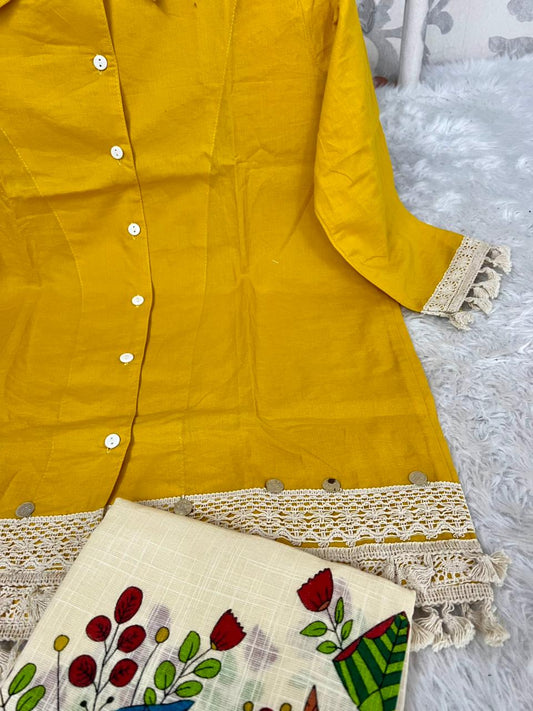 Stylish Cotton Flax Cord Set | Button Top & Printed Pant Co-Ord Set for Women