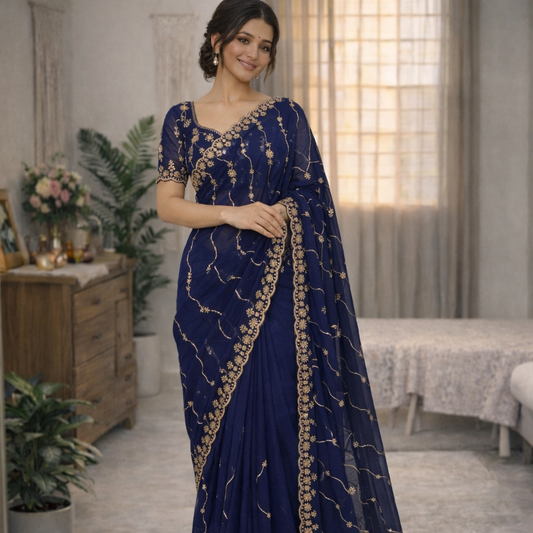 Star Georgette Saree with Multi Sequins Embroidery & Designer Blouse