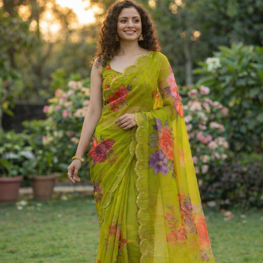 Soft Pure Georgette Digital Print Handwork Saree with Fancy Border