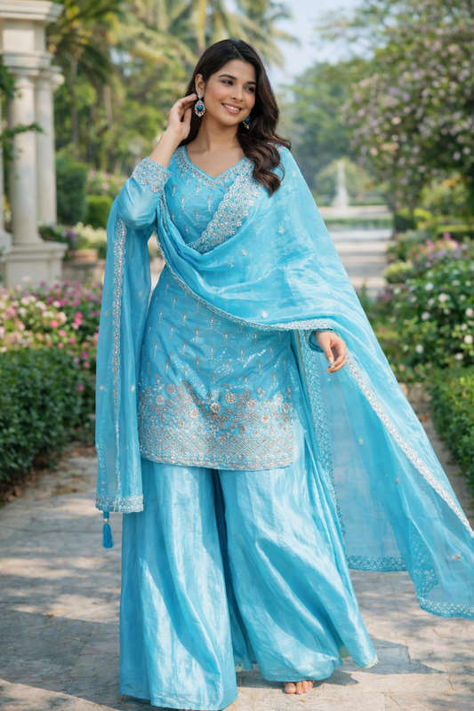 Designer Jimmy Choo Embroidered Suit Set With Palazzo & Dupatta