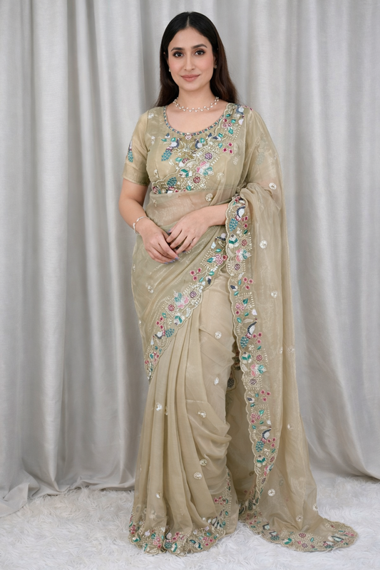 Multi thread Embroidered party Wear saree