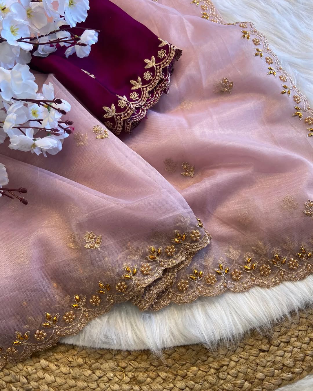 Soft Twills Organza Saree with All Over Handwork & Designer Border