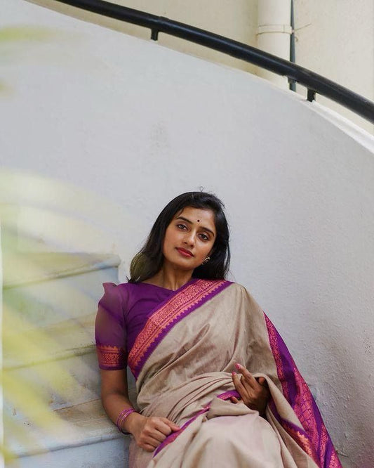 Beige Purple Border Saree