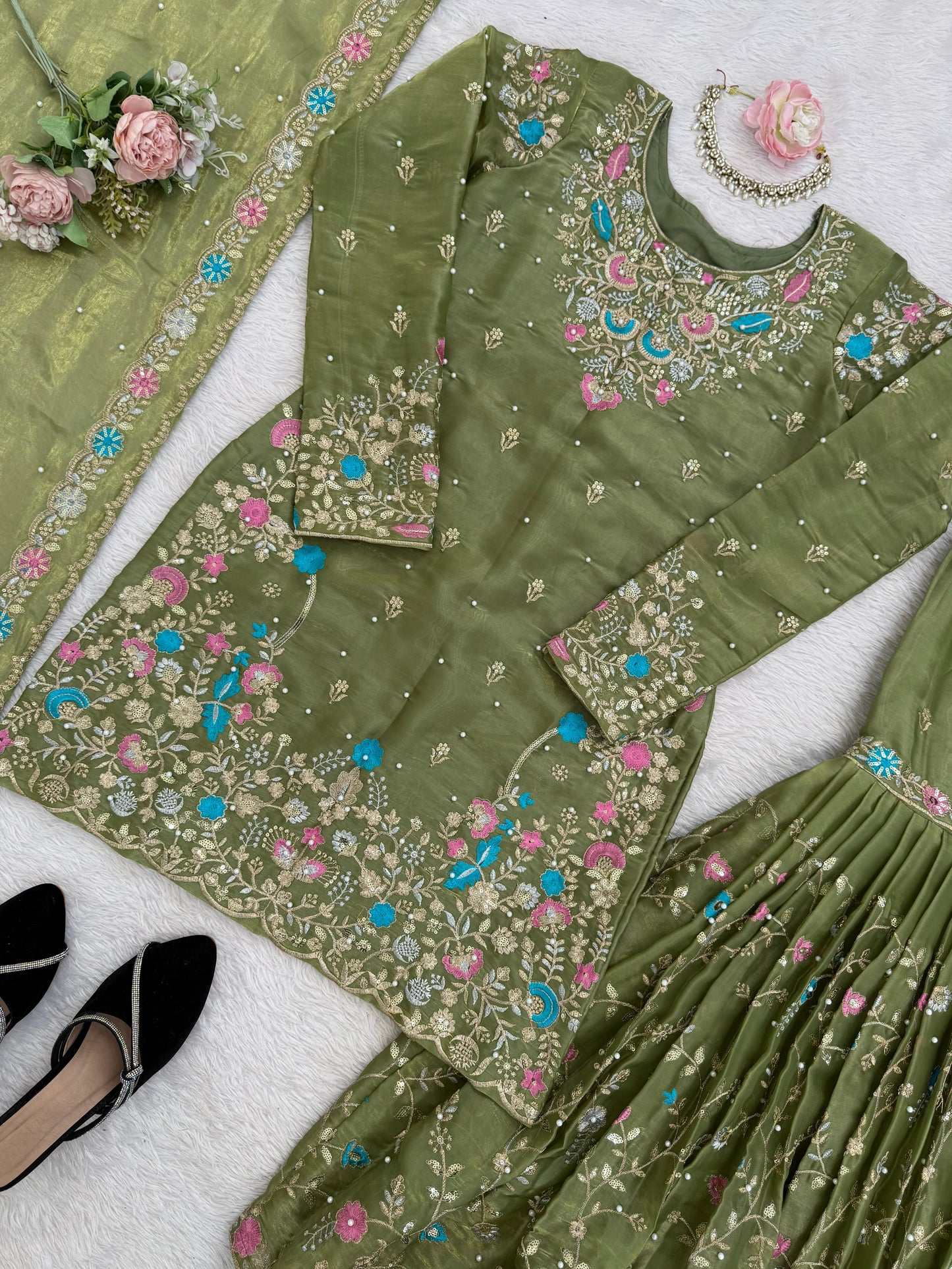 5000 Series Premium JMC Silk Anarkali Sharara Set with Heavy Embroidery & Dupatta