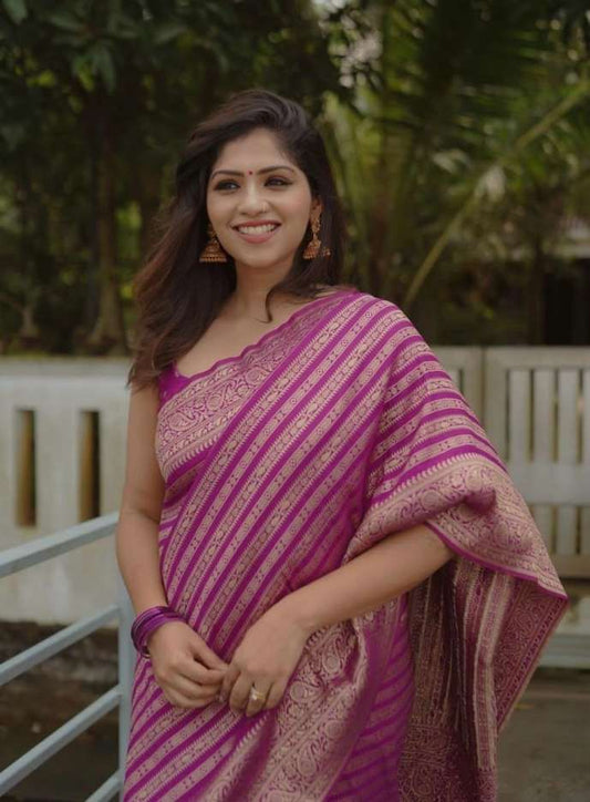 Purple Striped Zari Work Saree