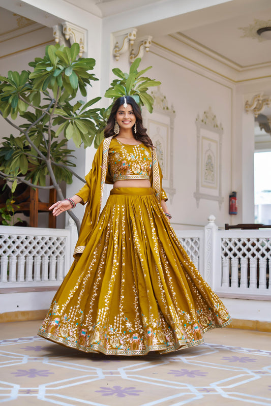 Wedding Special Vichitra Silk Embroidered Lehenga Choli Set with Dupatta (2 Colours)