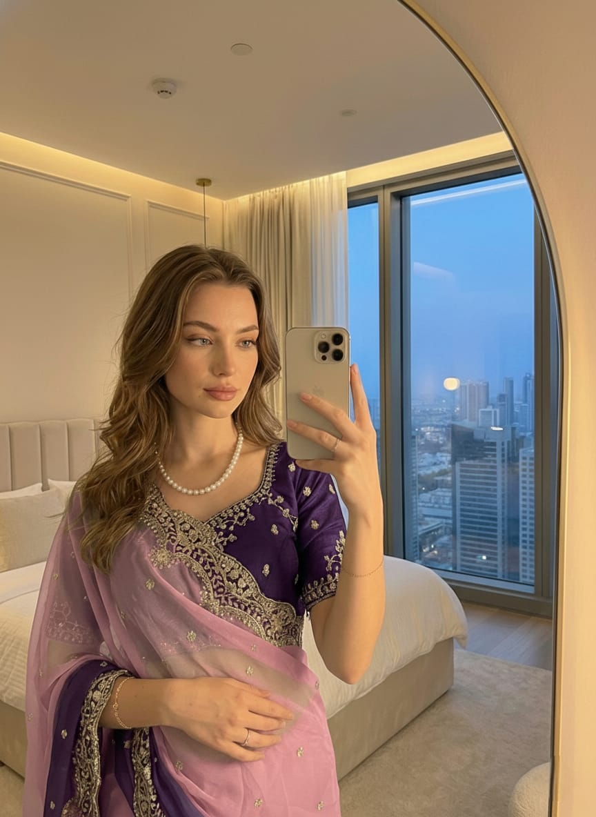 Shipra Moss Embroidery Saree With Stitched Blouse