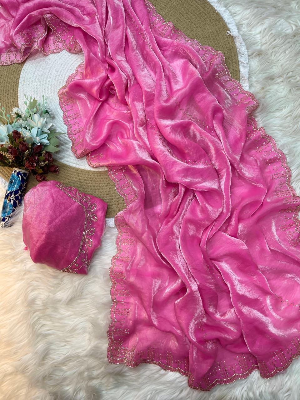 Rupali Pink Space Silk Saree with Hand Jharkhand Cutdana Border & Designer Blouse