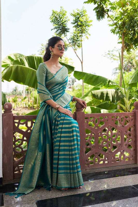 Teal Green Striped Zari Work Saree