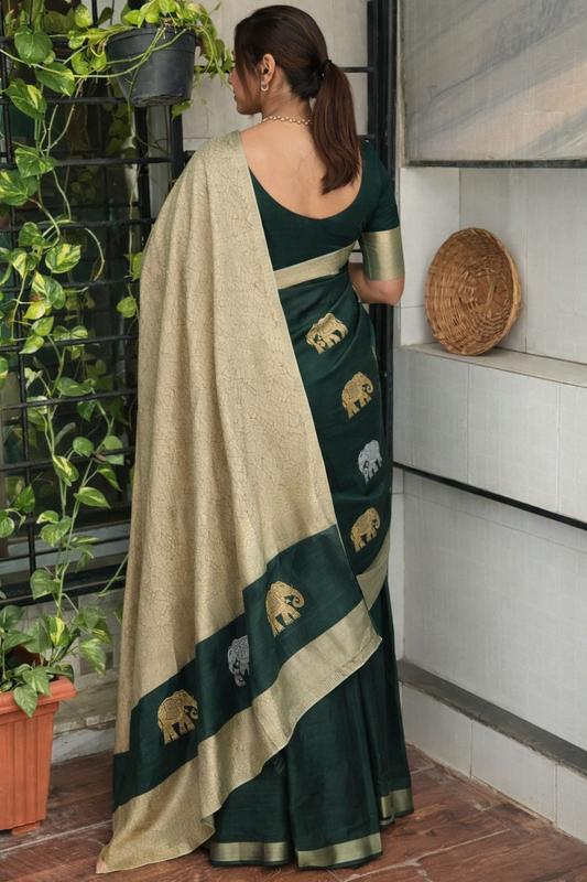 Dark Green Elephant Motif Jacquard Silk Saree with Gold Border