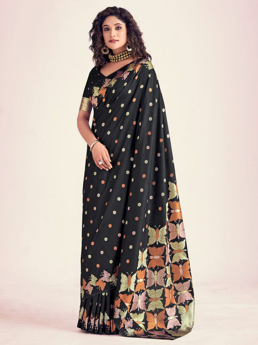 Black Butterfly Printed Silk Look Saree