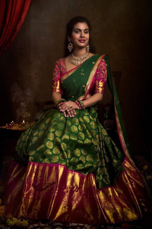 Kanjivaram Jacquard Unstitched Lehenga Choli with Organza Dupatta (5 Colors)