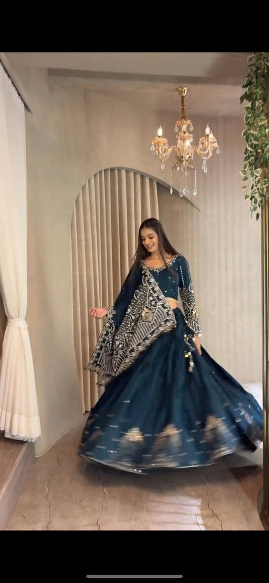 Teal Blue Crepe Silk Embroidered Lehenga Choli Set