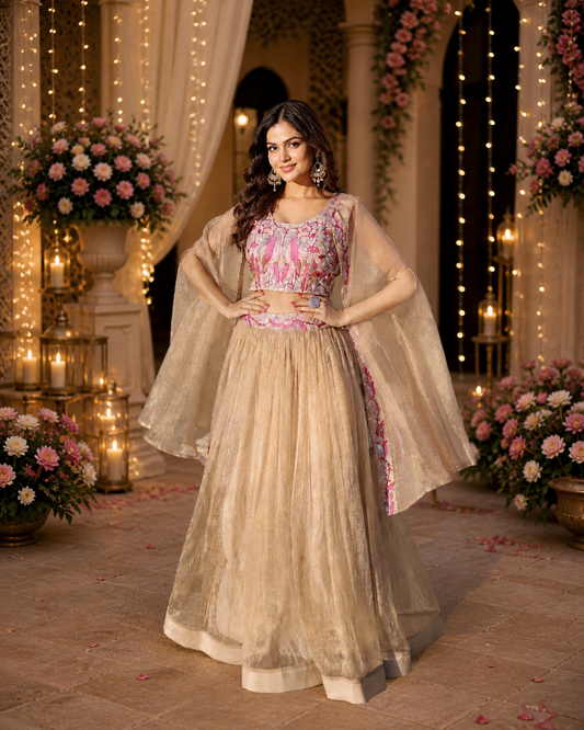 Premium Sindur Silk Embroidered Lehenga Choli Set with Shrug – Wedding & Festive Wear