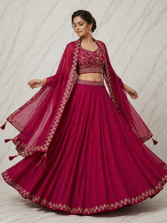 Wedding Special Vichitra Silk Lehenga Choli with Heavy Embroidery & Shrug Style Dupatta