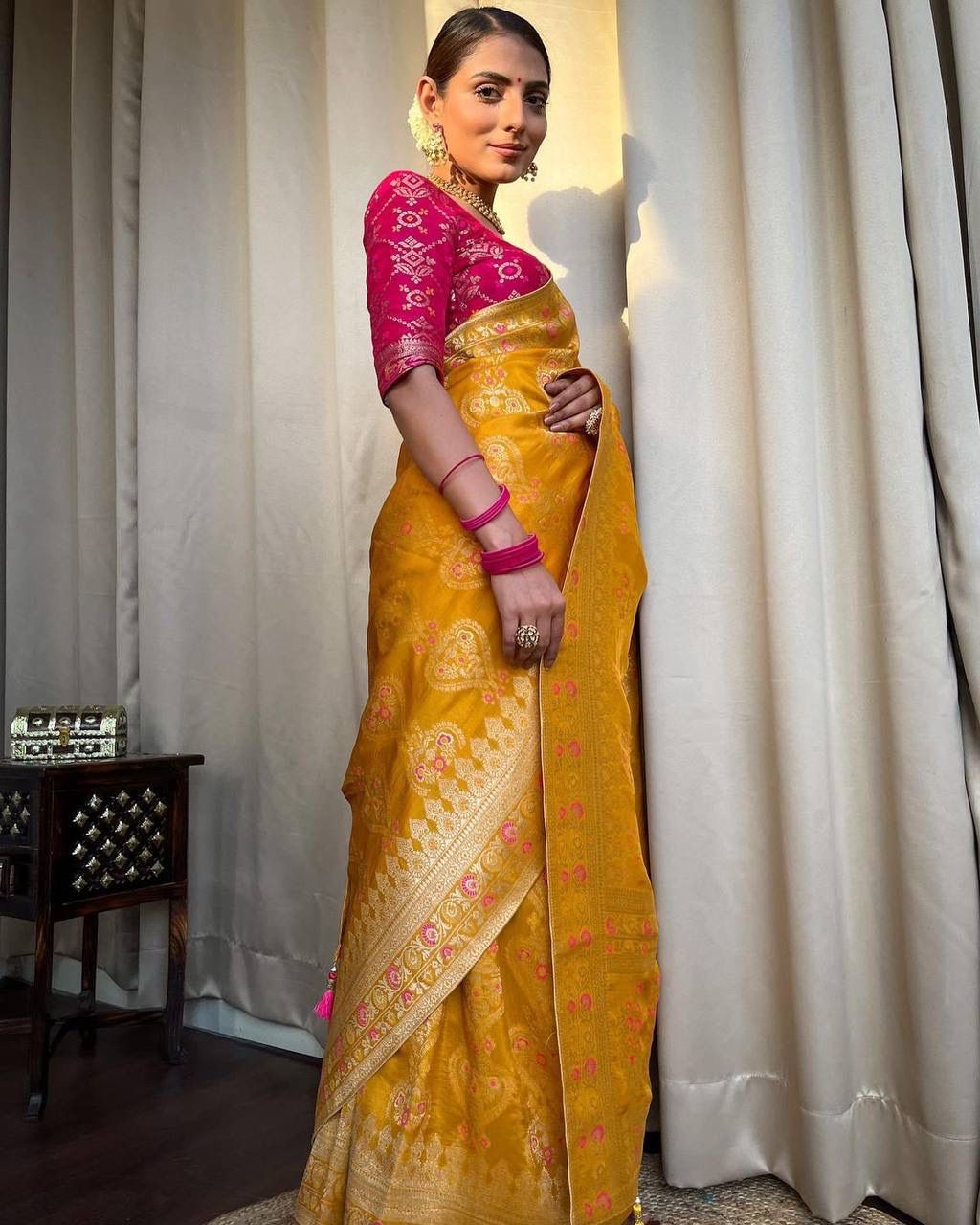 Mustard Yellow Woven Saree