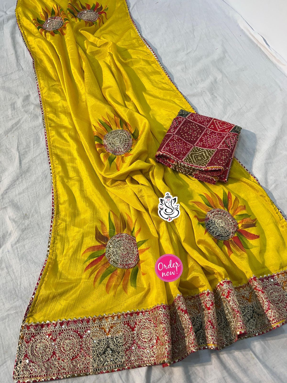 Sunflower Print Silk Saree with Rich Embroidered Border – Festive Wear