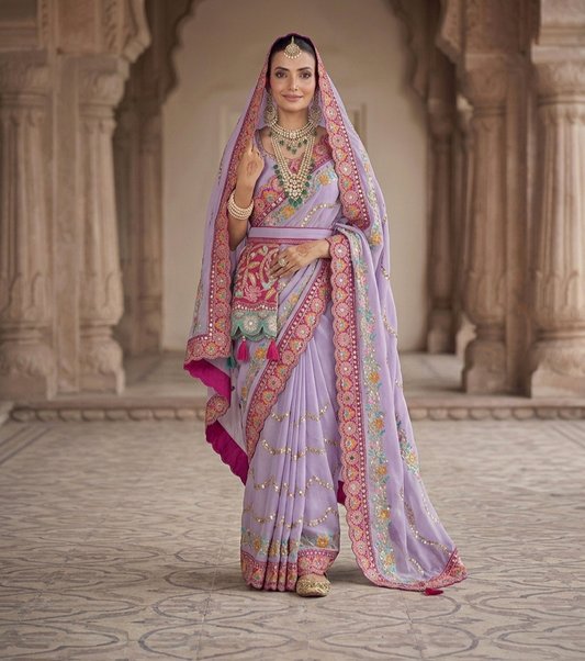 Premium Rangoli Silk Designer Saree with Embroidery & Mirror Work Blouse