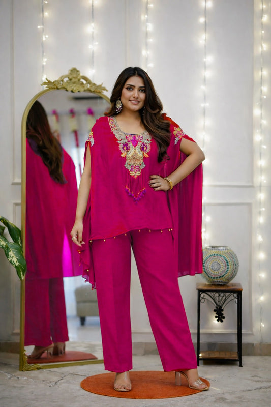 Mojito Silk Embroidered Kaftan Co-ord Set – Festive Designer Pink Outfit