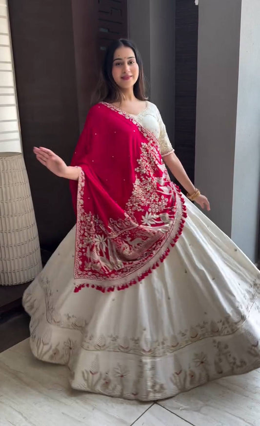 White Red Vichitra Silk Lehenga Choli