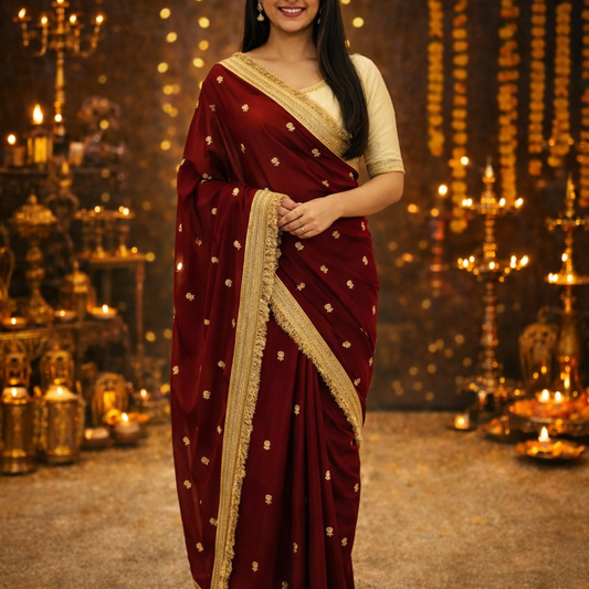 Anmol Space Satin Saree with Sequence Embroidery & Contrast Blouse