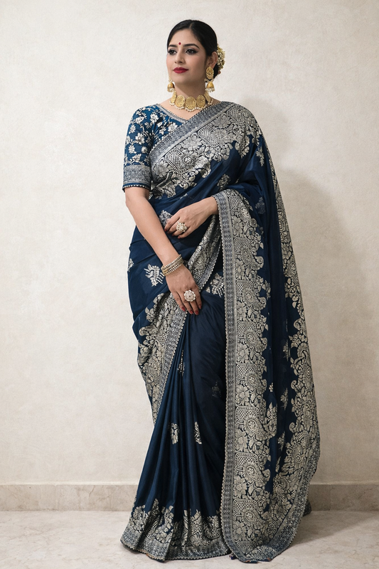 Pure Viscose Dolla Silk Zari Weaving Saree with Rich Pallu & Samosa Patti Border