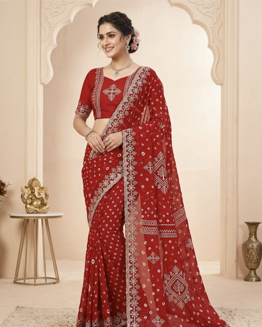 Red Bandhani Printed Saree with Elegant Zari Border – Festive Traditional Wear