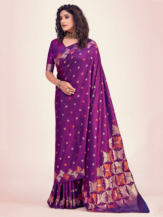 Wine Purple Butterfly Printed Silk Look Saree