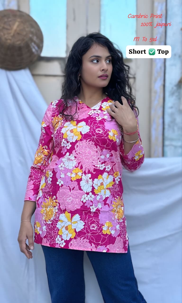 Jaipuri Cambric Cotton Printed Short Top for Women | Casual Tunic | V-Neck Daily Wear (M-5XL)