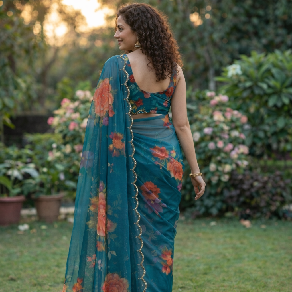 Soft Pure Georgette Digital Print Handwork Saree with Fancy Border